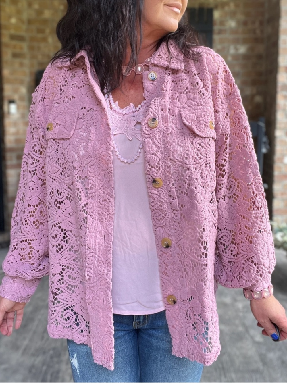 English Factory Pink Lace Crochet Button-Front Top - Picture 8 of 10